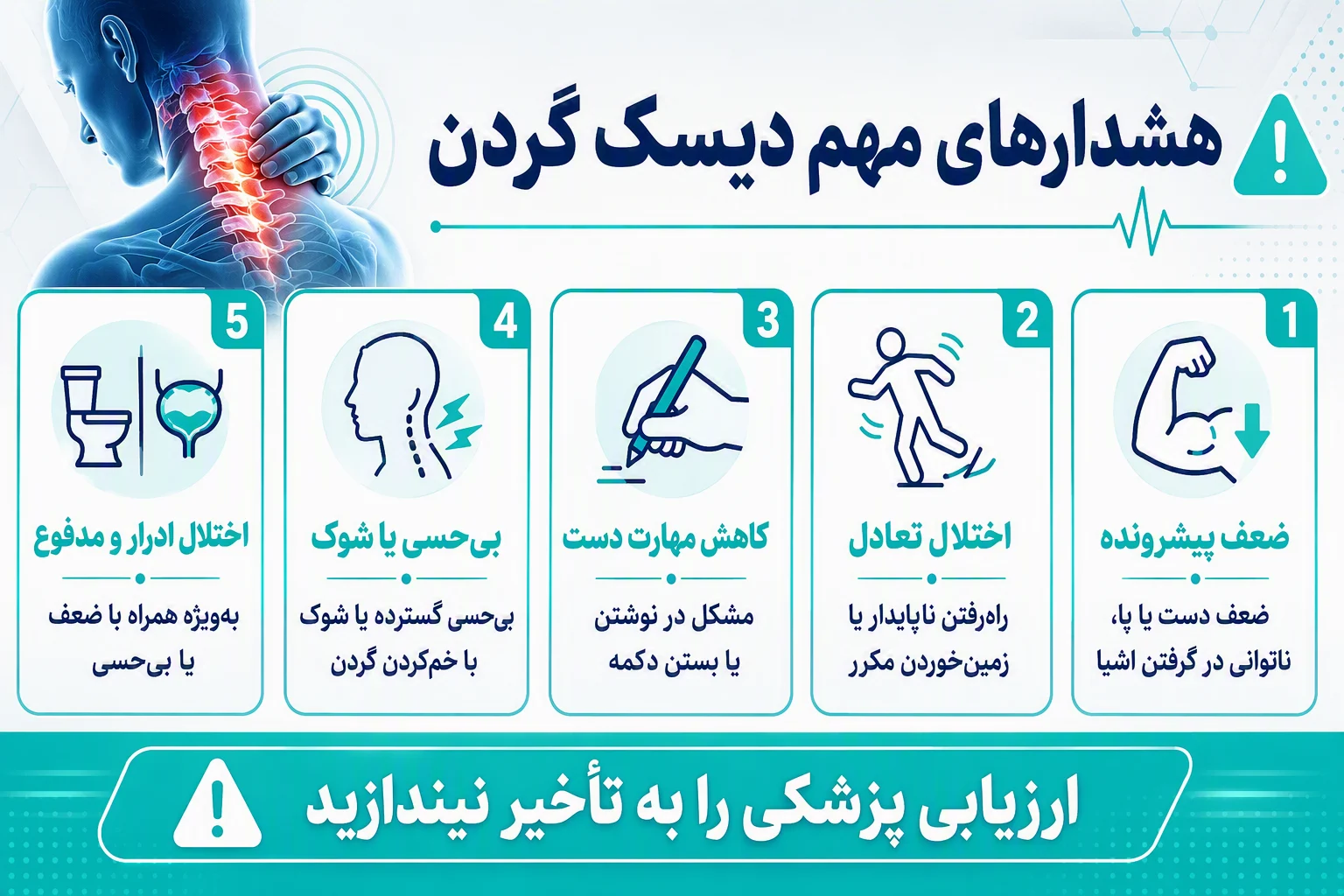اینفوگرافیک هشدارهای مهم دیسک گردن و علائمی که نیاز به ارزیابی فوری پزشکی دارند