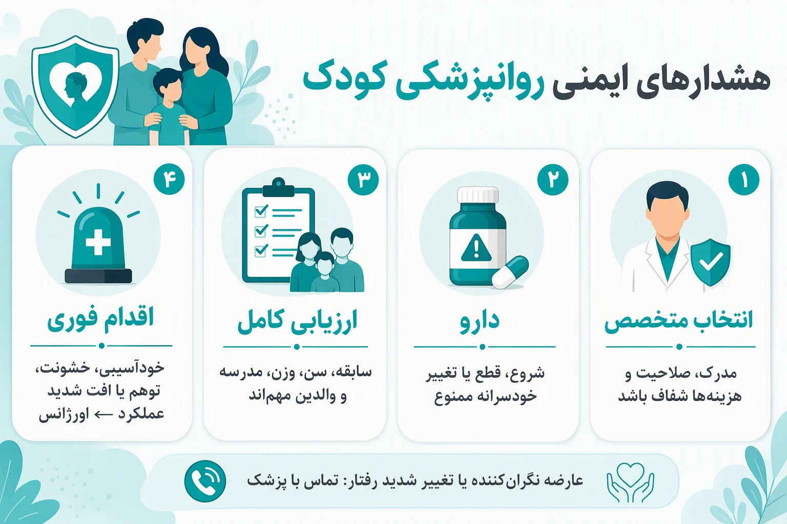 اینفوگرافیک هشدارهای ایمنی روانپزشکی کودک درباره انتخاب متخصص، دارو و علائم نیازمند اقدام فوری