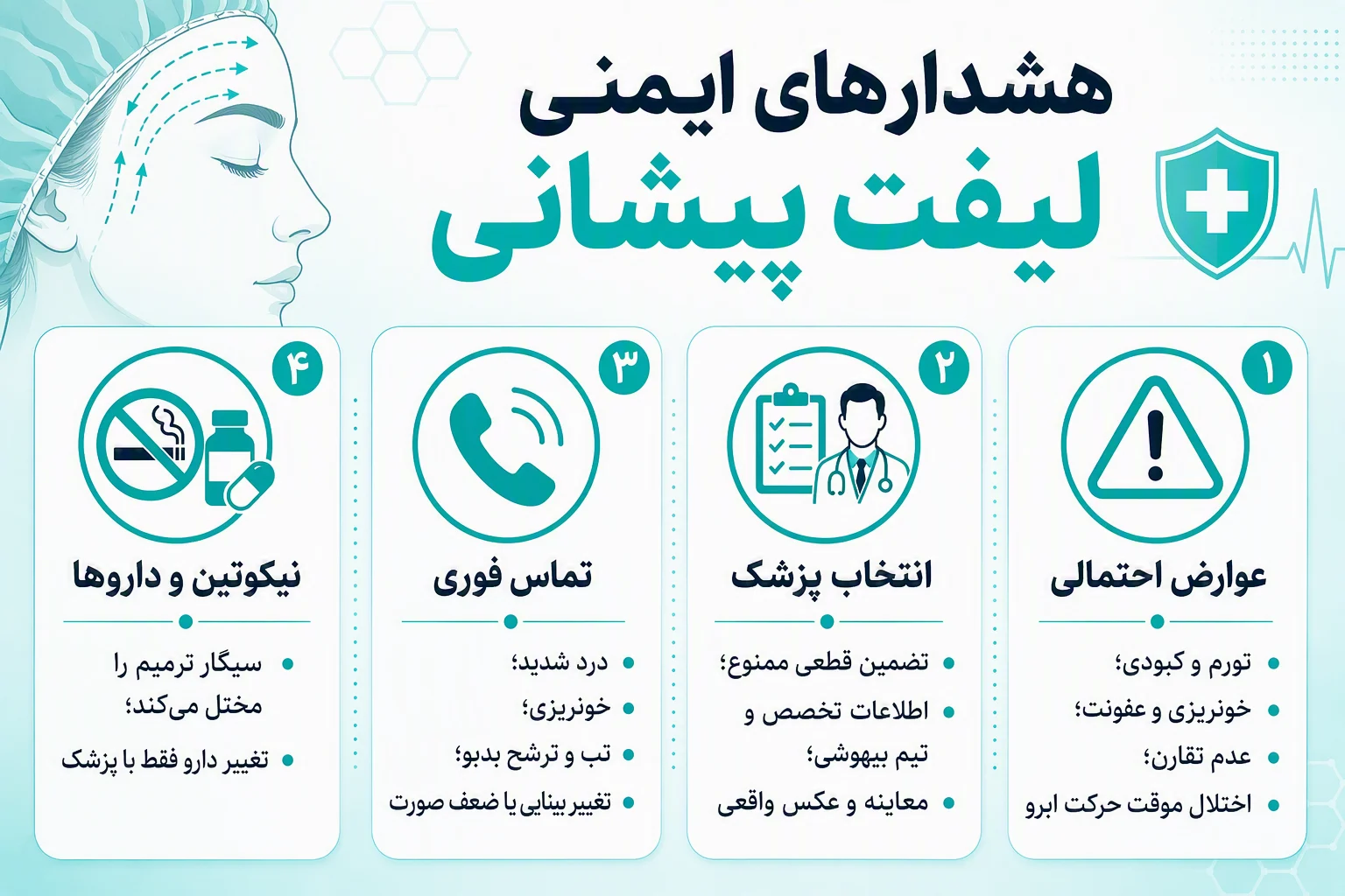 اینفوگرافیک هشدارها و نکات ایمنی لیفت پیشانی، عوارض، انتخاب پزشک و نشانههای تماس فوری