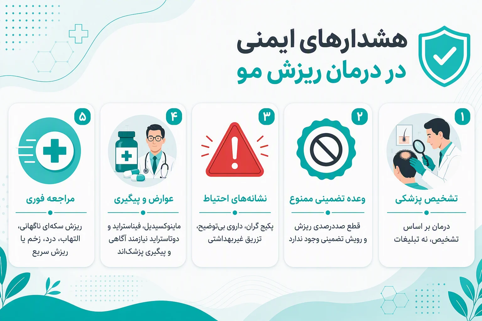اینفوگرافیک هشدارهای ایمنی درمان ریزش مو، تشخیص پزشکی، عوارض دارو و نشانه‌های مراجعه فوری