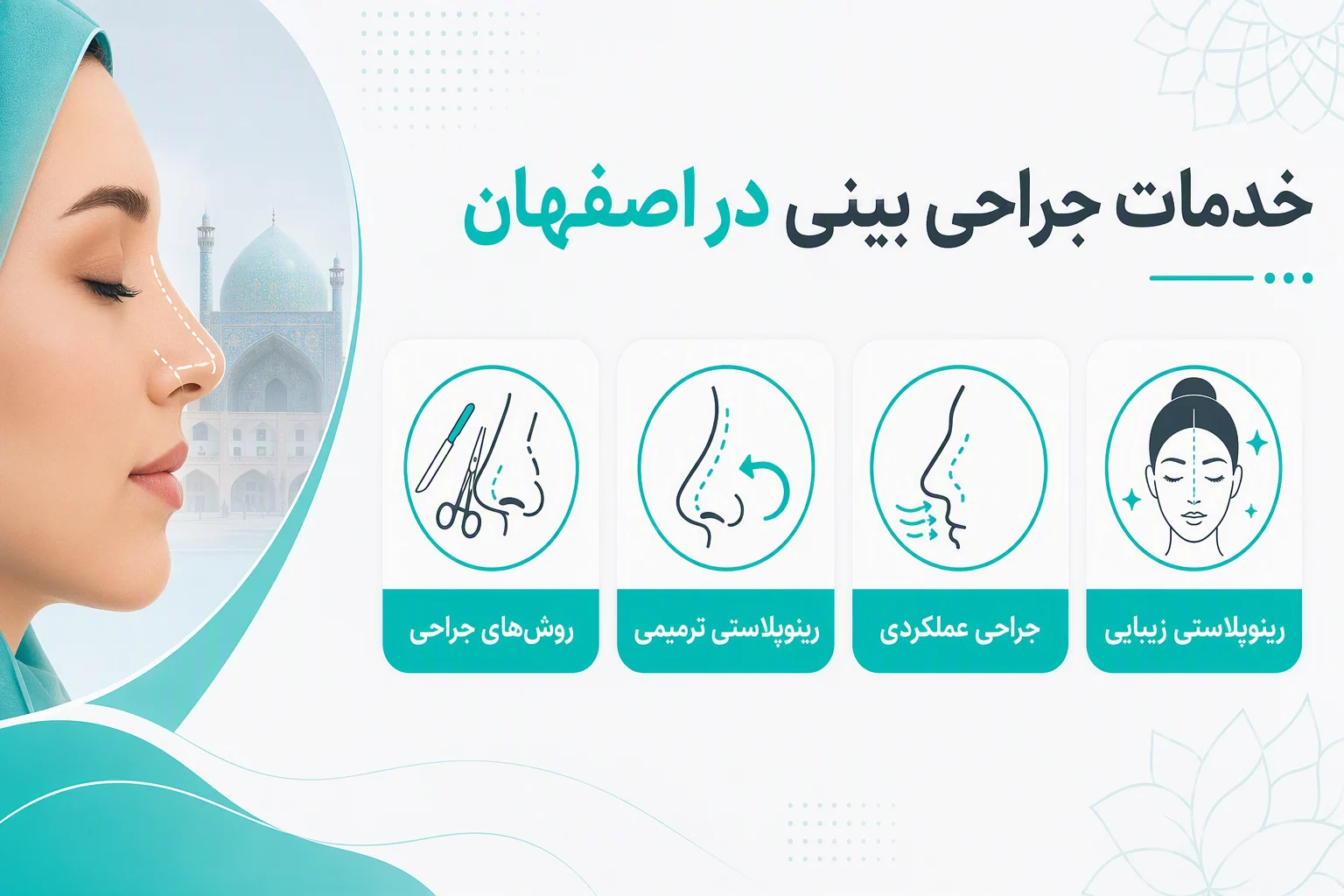 اینفوگرافیک خدمات جراحی بینی در اصفهان شامل زیبایی، عملکردی، ترمیمی و روشهای جراحی