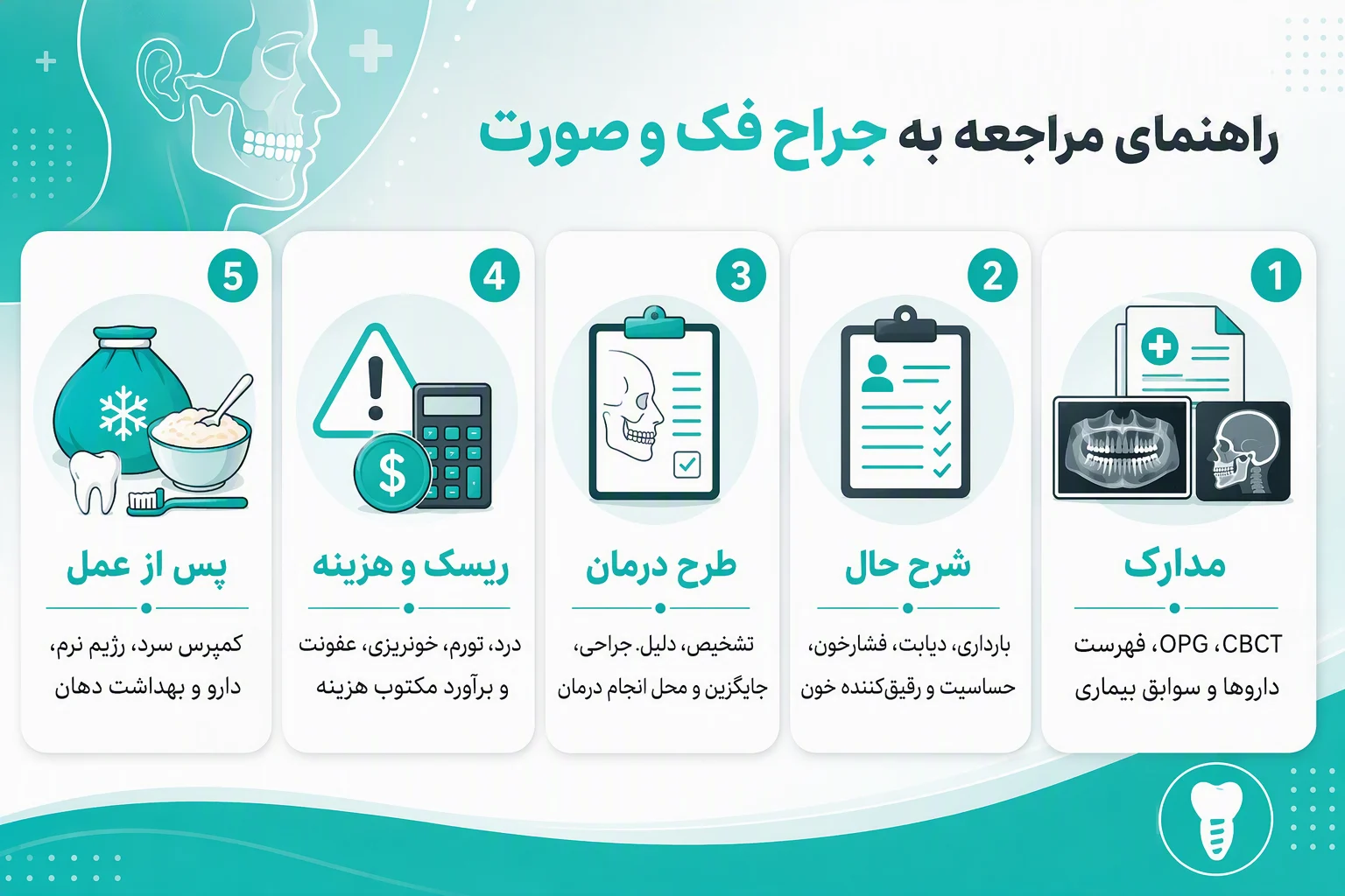 اینفوگرافیک راهنمای مراجعه به جراح فک و صورت شامل مدارک، شرح حال، طرح درمان، ریسک‌ها و مراقبت پس از عمل