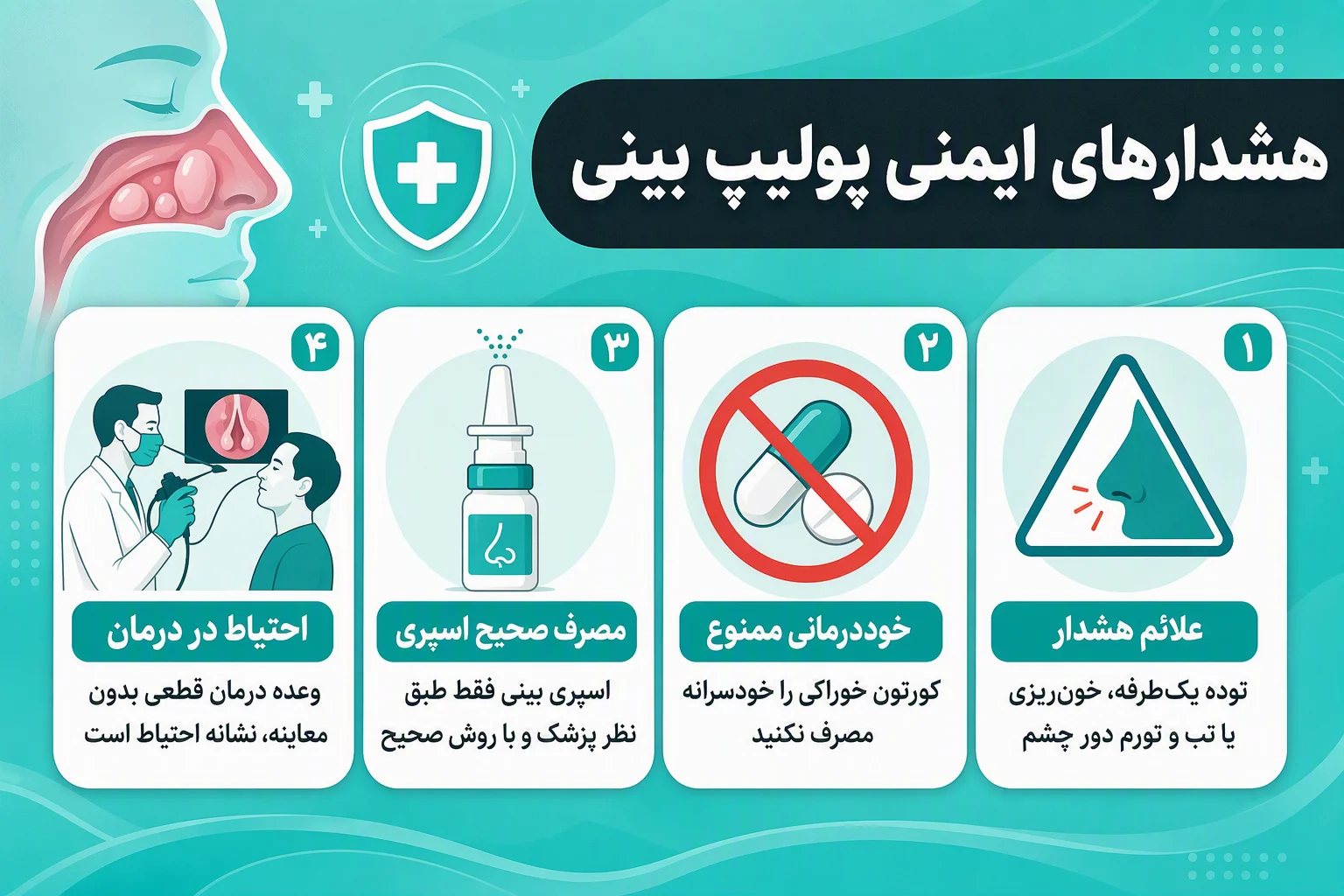 اینفوگرافیک هشدارهای ایمنی پولیپ بینی، علائم خطر، پرهیز از خوددرمانی و مصرف صحیح اسپری بینی