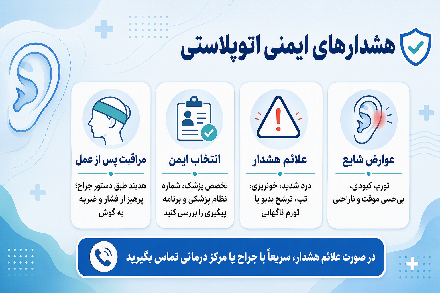 اینفوگرافیک فارسی هشدارهای ایمنی اتوپلاستی، علائم خطر، انتخاب پزشک و مراقبت پس از جراحی گوش