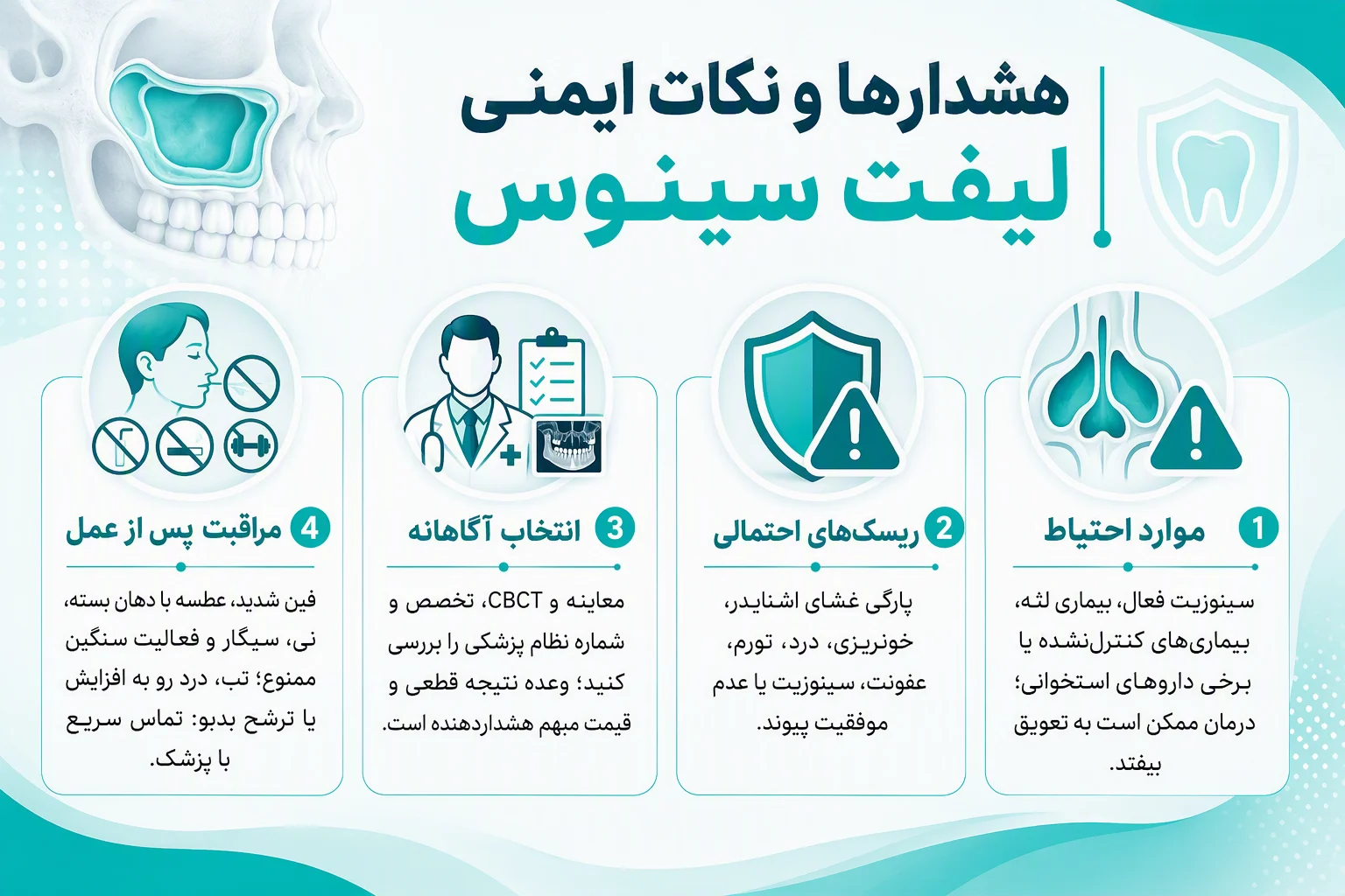 اینفوگرافیک فارسی هشدارها، ریسکها و مراقبتهای ایمنی پس از جراحی لیفت سینوس