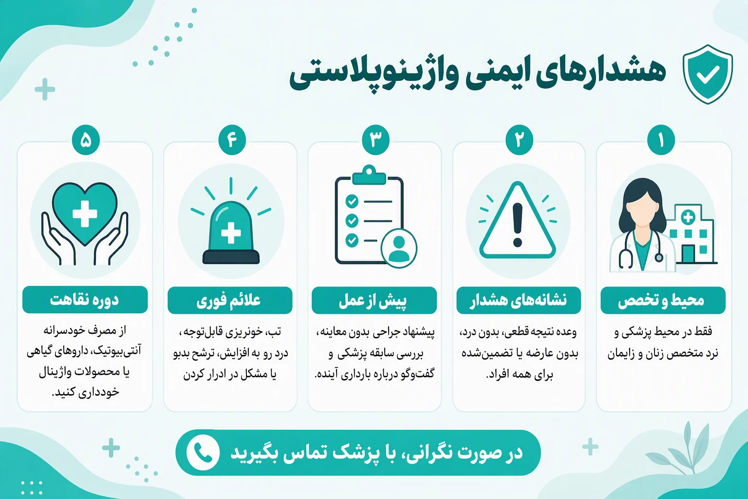 اینفوگرافیک هشدارهای ایمنی واژینوپلاستی، علائم خطر، عوارض و مراقبت‌های دوره نقاهت