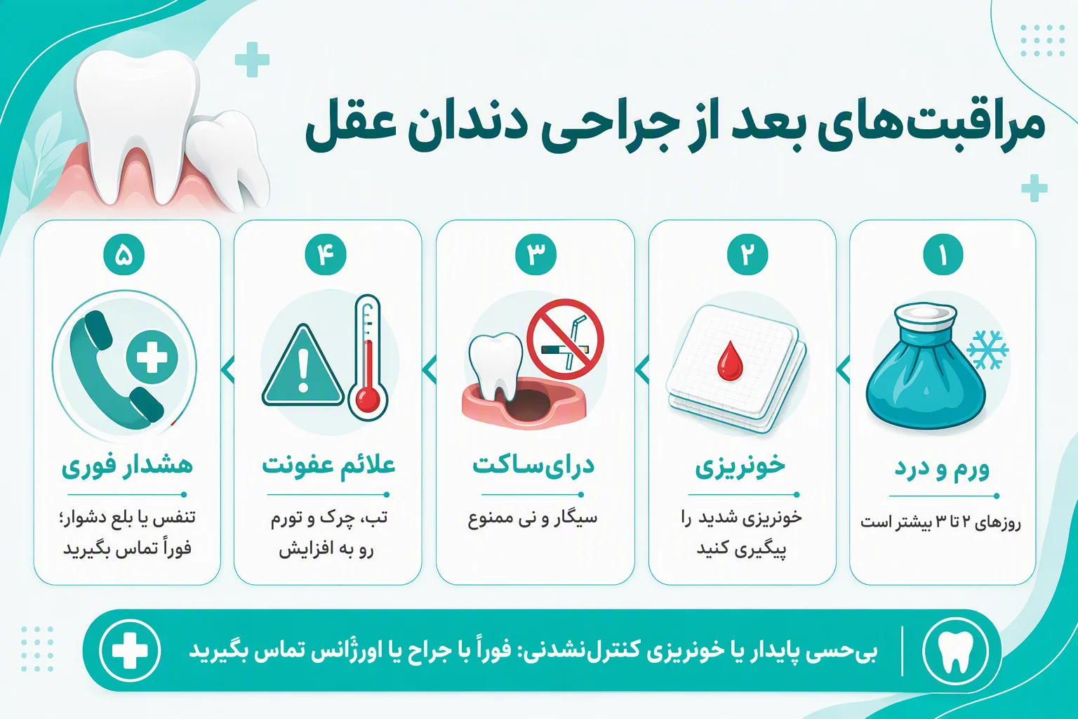 اینفوگرافیک مراقبت‌های بعد از جراحی دندان عقل شامل ورم، خونریزی، درای‌ساکت، عفونت و هشدارهای فوری