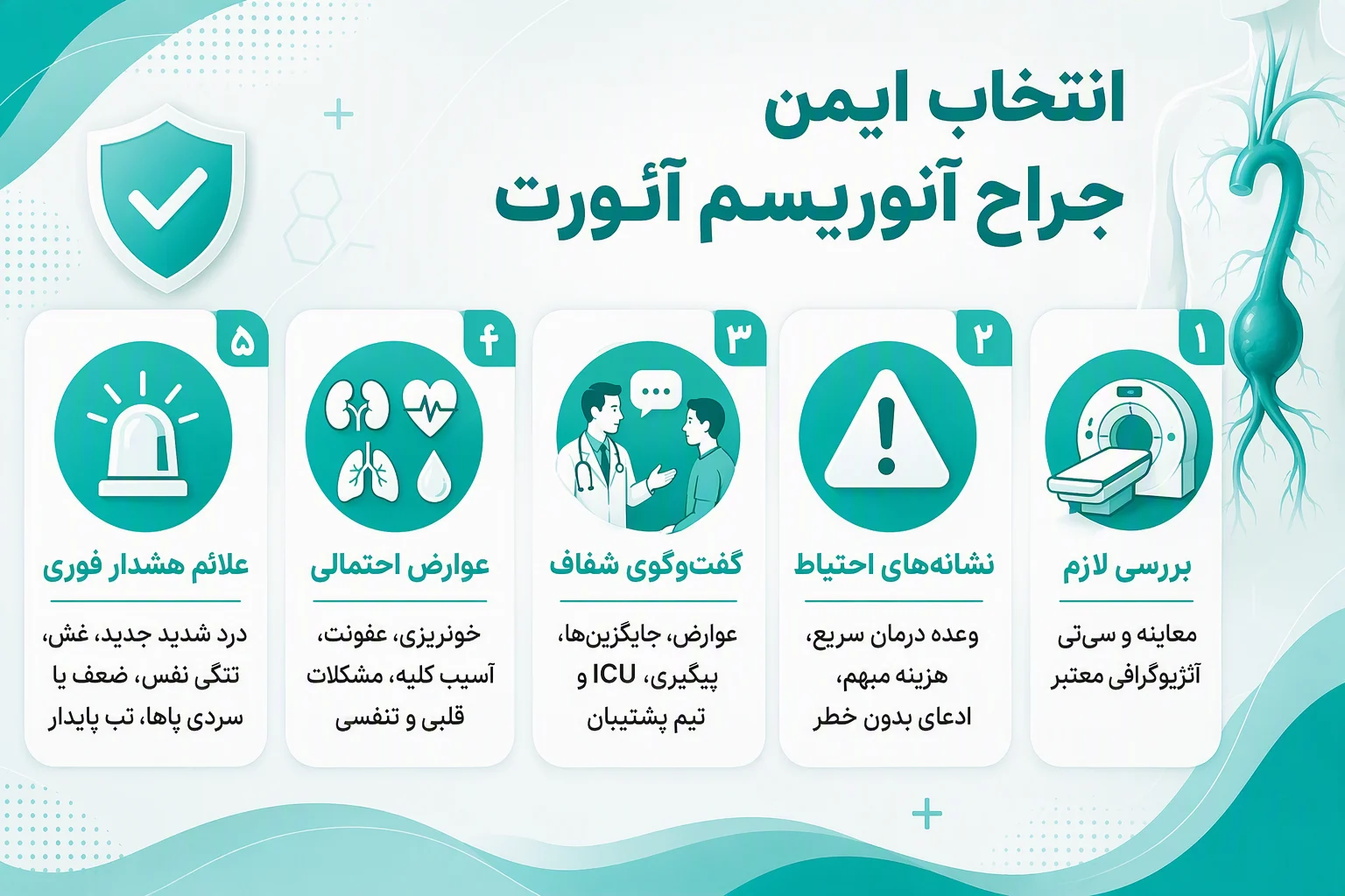 اینفوگرافیک نکات ایمنی انتخاب جراح آنوریسم آئورت و علائم هشدار پس از درمان