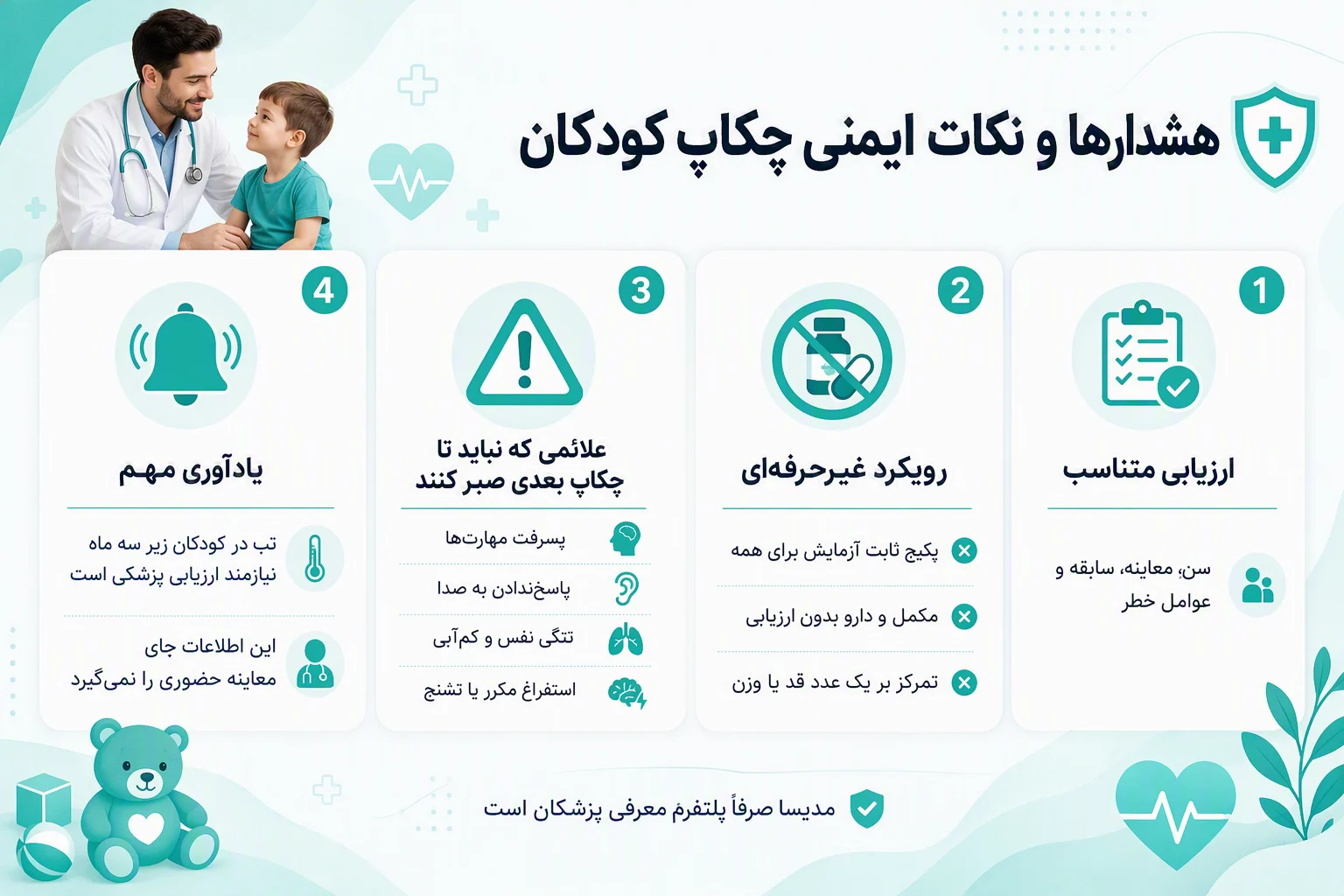اینفوگرافیک هشدارهای ایمنی چکاپ کودکان، علائم خطر و زمان مراجعه به پزشک