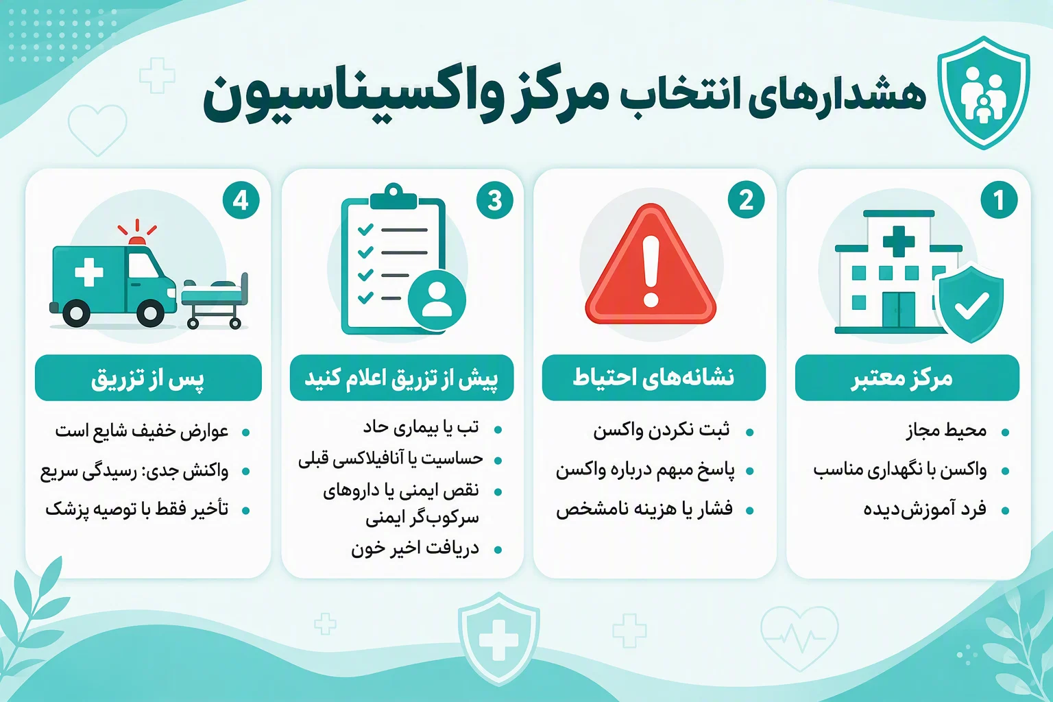 اینفوگرافیک هشدارهای انتخاب مرکز واکسیناسیون و نکات ایمنی پیش از تزریق واکسن کودک